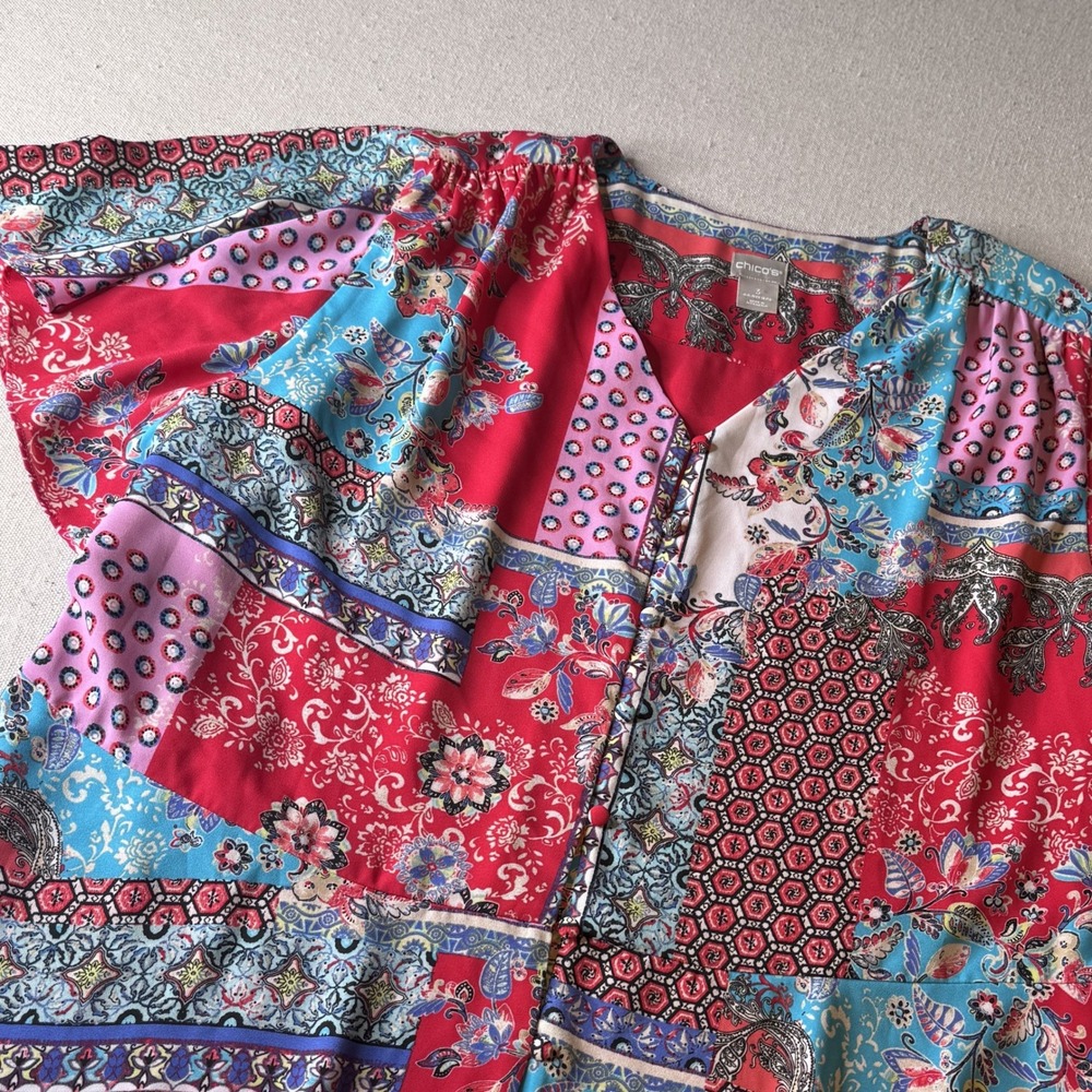 Chicos Patchwork Paisley Floral Peplum Blouse Red Blue Size‎ 3 US 16/18 V-Neck